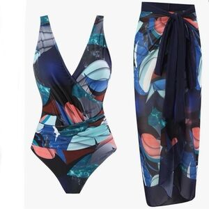 Sophisticated Modern One-Piece Swimsuit with Matching Sarong